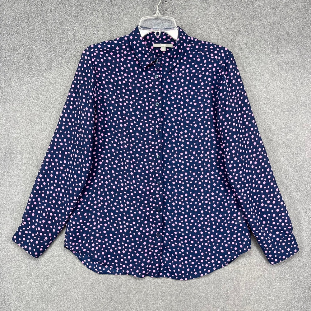 Uniqlo Button Front Blouse Womens Large Navy Pink Polka Dot Long Sleeve Office